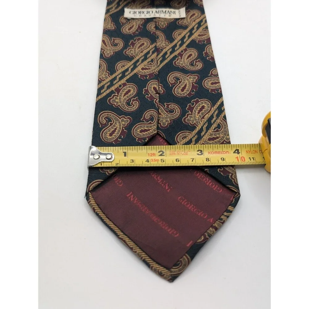Giorgio Armani Silk Mens Tie Paisley Pattern Green Gold Red Striped Luxury Class